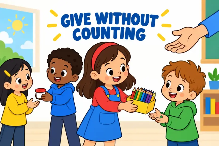 Cartoon pupils share art supplies with younger children, showing generosity in a sentence as giving freely.