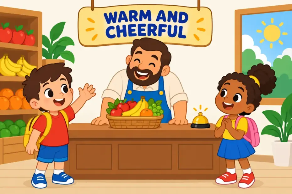 A cartoon shopkeeper greets children by name, illustrating genial in a sentence as a warm and cheerful manner.