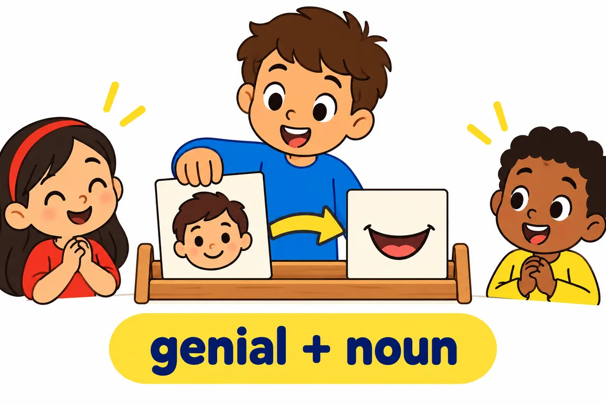 Cartoon cards show a genial face card slotting directly in front of a host card and a smile card.
