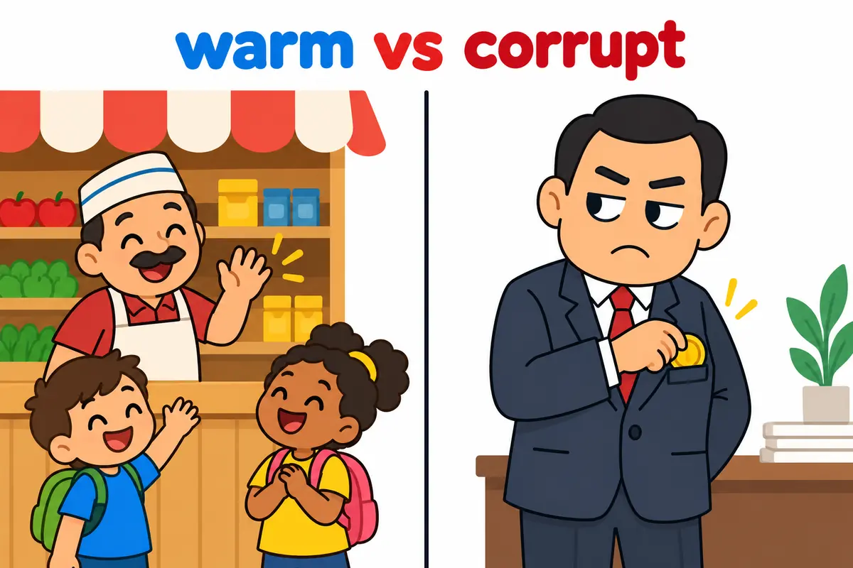 Cartoon split scene contrasts a warm shopkeeper greeting children with a sneaky official tucking away a coin.