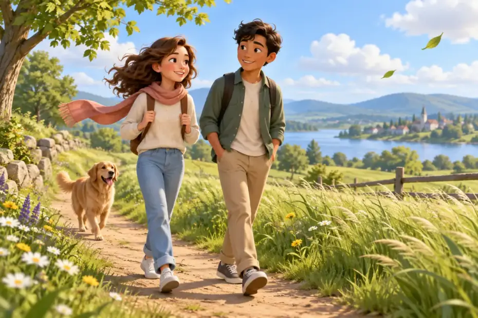 Two friends stroll through a sunny meadow as a soft breeze stirs the tall grass and tree leaves.
