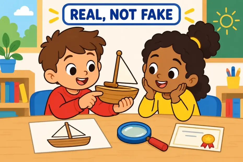 Cartoon children check a real wooden toy against a printed copy, showing genuine in a sentence as authentic rather than fake.