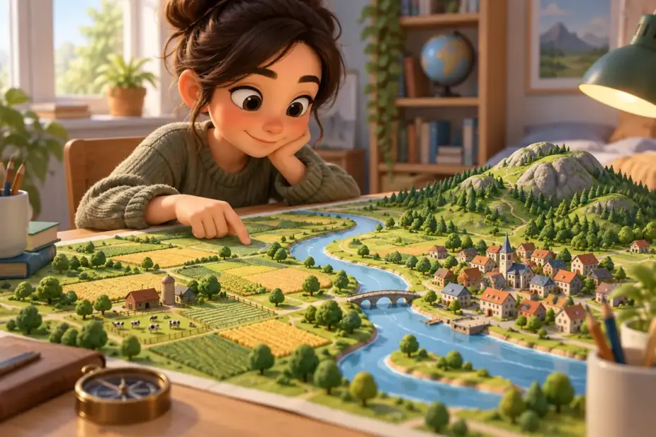A student studies a map showing a river, town, farms, and hills.