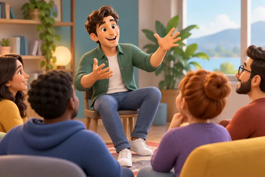 A speaker explains a story with animated but friendly hand gestures.