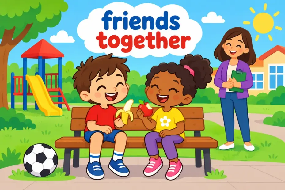 Two cartoon children share a bench and a snack, showing get along in a sentence as having a friendly relationship.