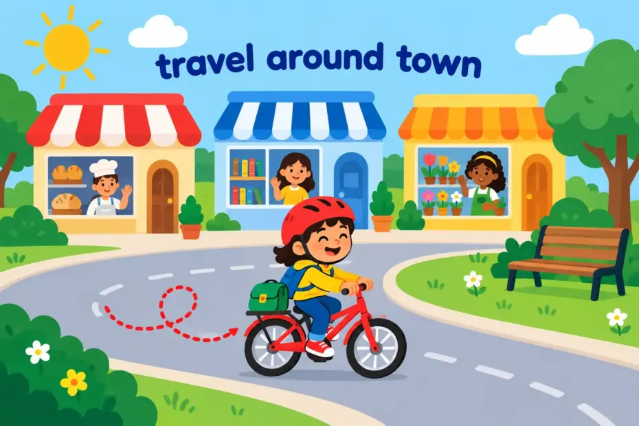 A cartoon child cycles past shops, showing get around in a sentence as travelling about from place to place.