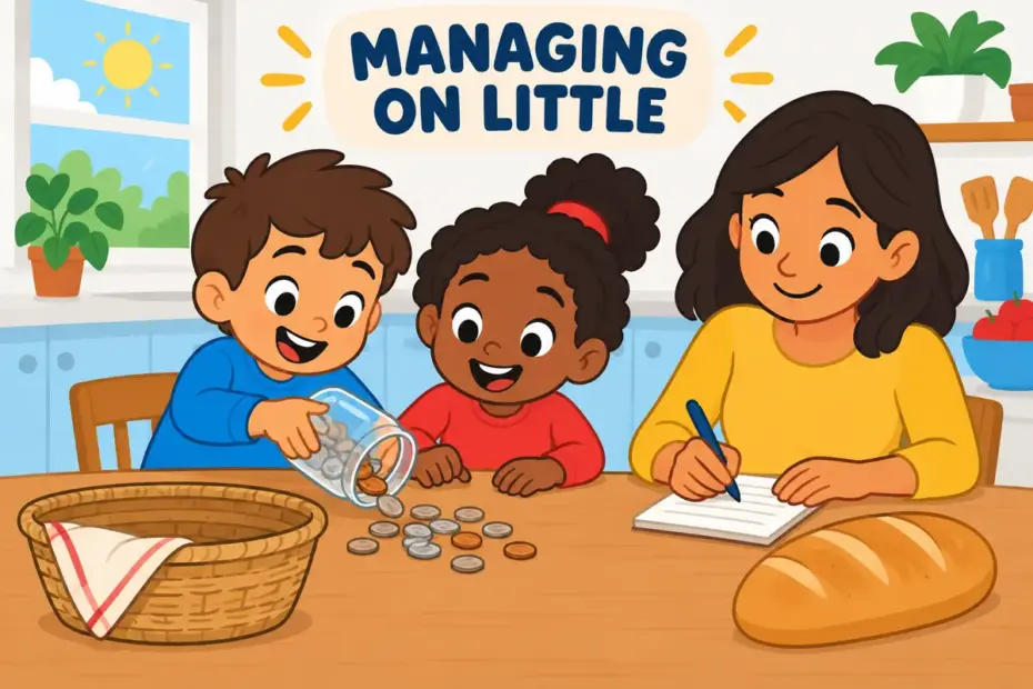 Cartoon children help count coins from a small jar at a table, showing get by in a sentence as managing on limited resources.
