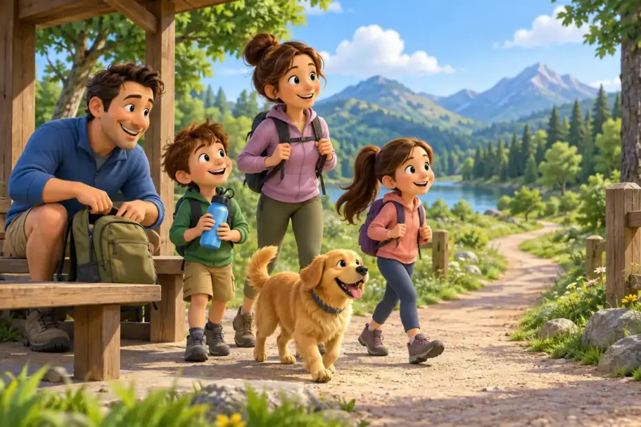 A family gathers its things beside a trail as they prepare to set off on a walk.