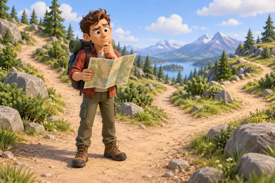 A traveler studies a map at a confusing crossroads.