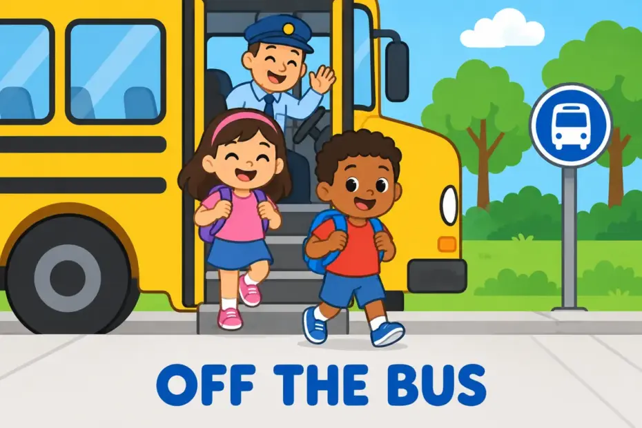 Cartoon children step down from a yellow bus, illustrating get off in a sentence as leaving a large passenger vehicle.