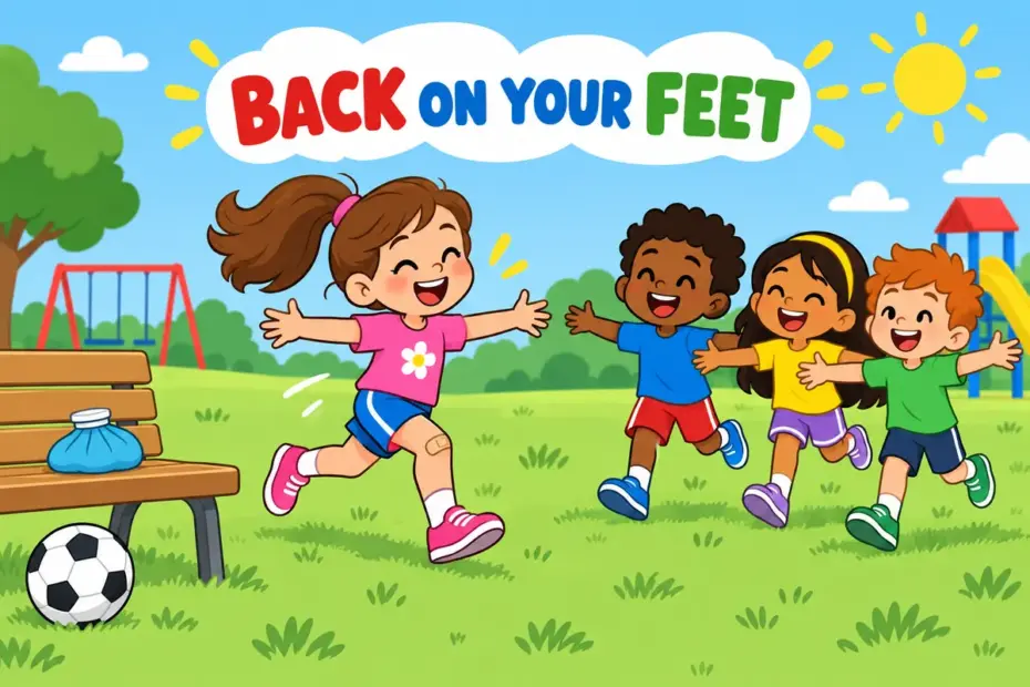 Cartoon children leave a bench and run back to play, illustrating get over in a sentence as recovery from a setback.