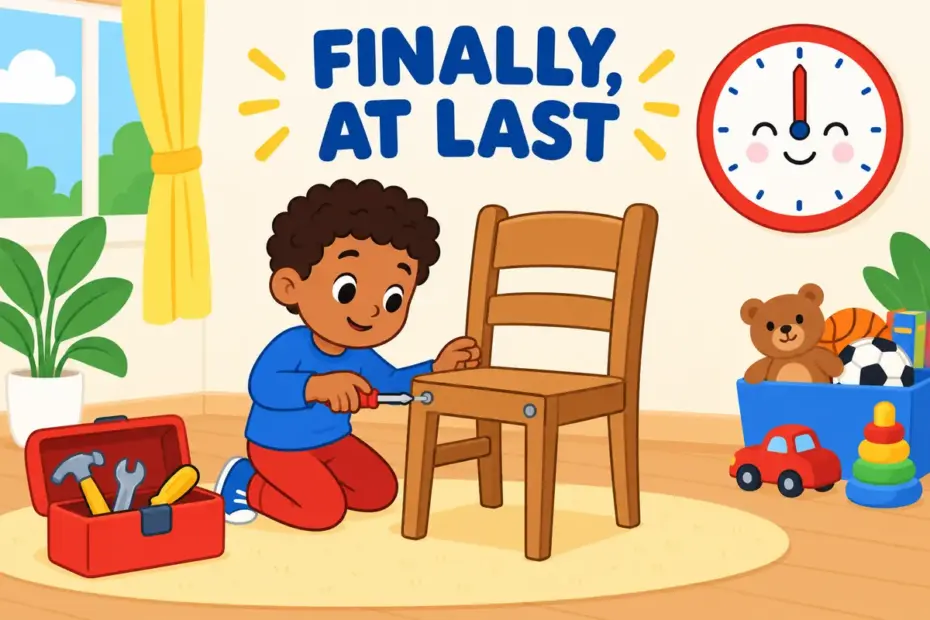 Cartoon children begin a delayed chore beside a clock, showing get round to in a sentence as finally finding time.