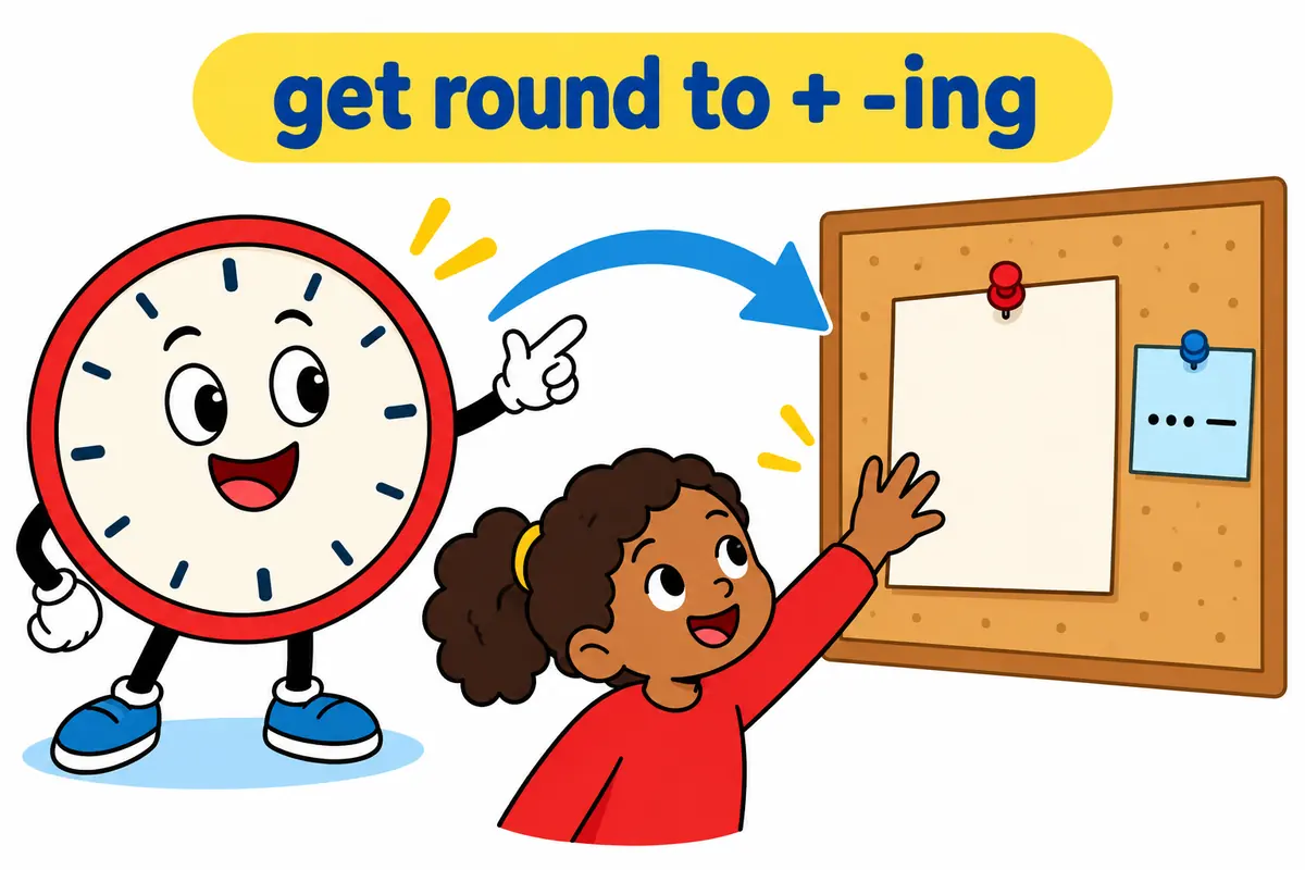 Cartoon cards show a ticking clock guiding a hand toward a labelled job card, with the job card written as an -ing action.