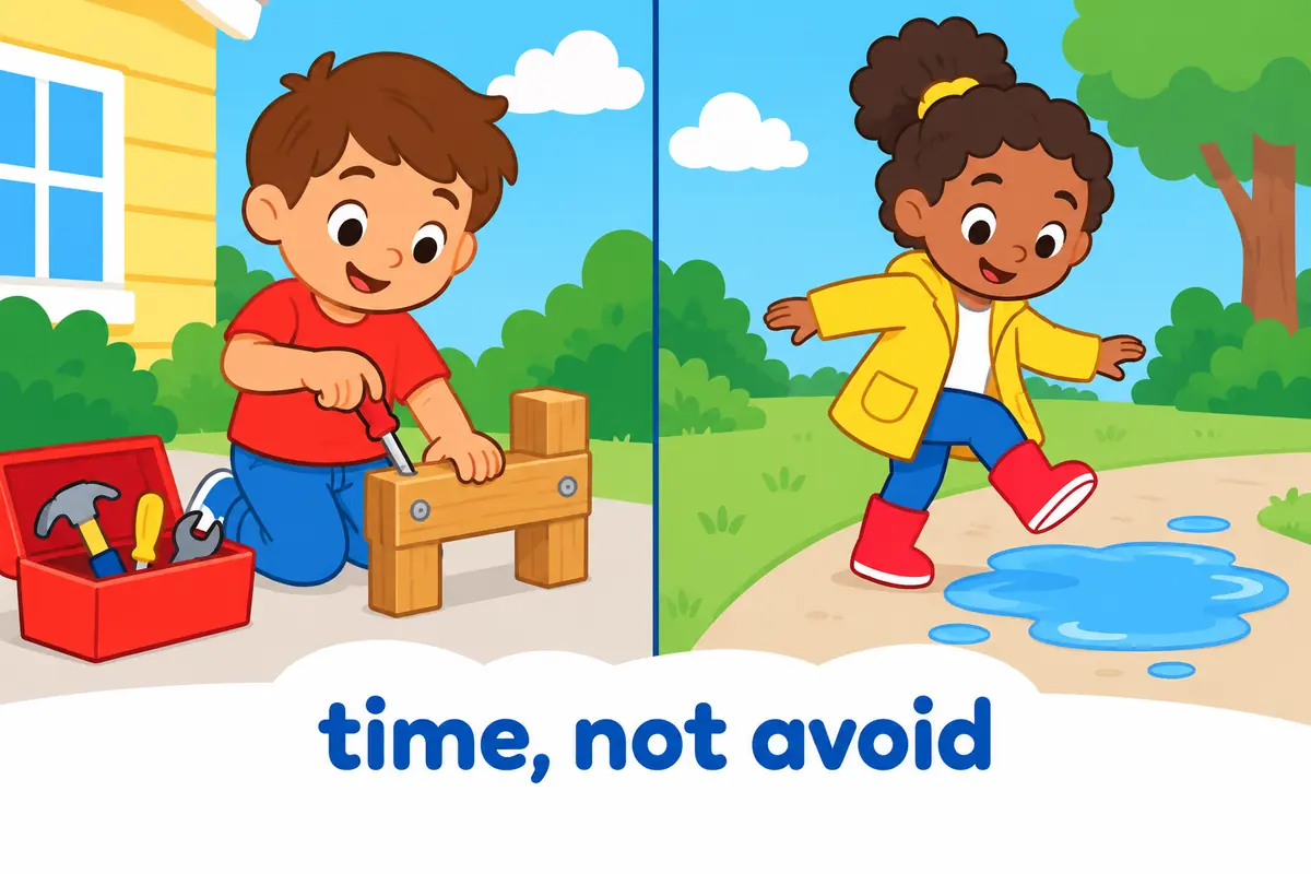 A cartoon split scene contrasts a child starting a labelled job card with a child walking around a puddle, showing two different meanings.