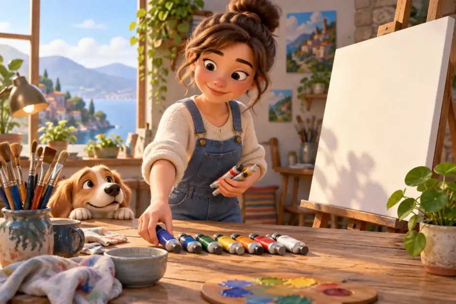An artist lays out paints beside a blank canvas.