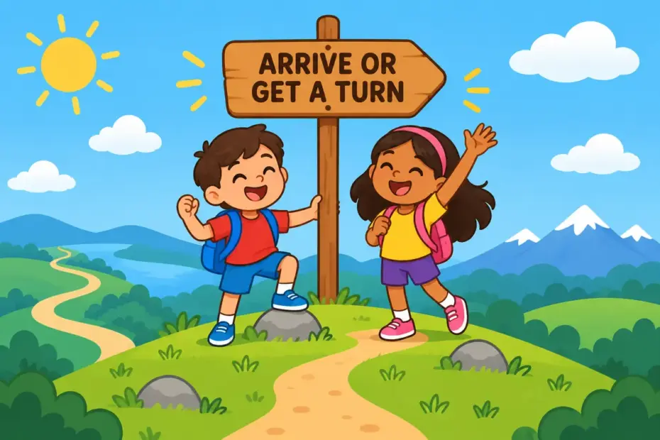 Cartoon children reach a hilltop sign and raise a hand to take a turn, showing get to in a sentence.