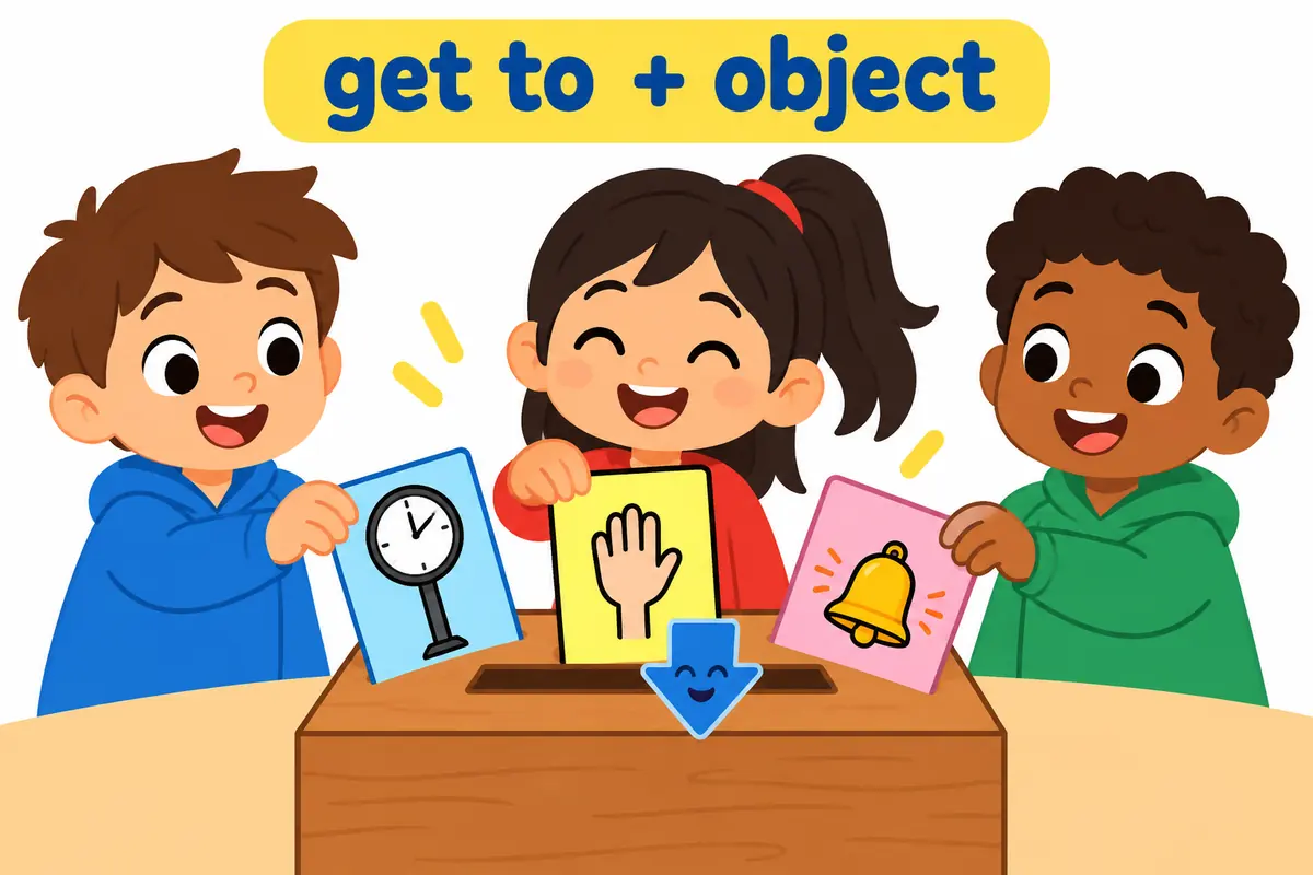 Three cartoon cards show a station clock, a raised hand to answer and a ringing bell, each sitting after the words get to.