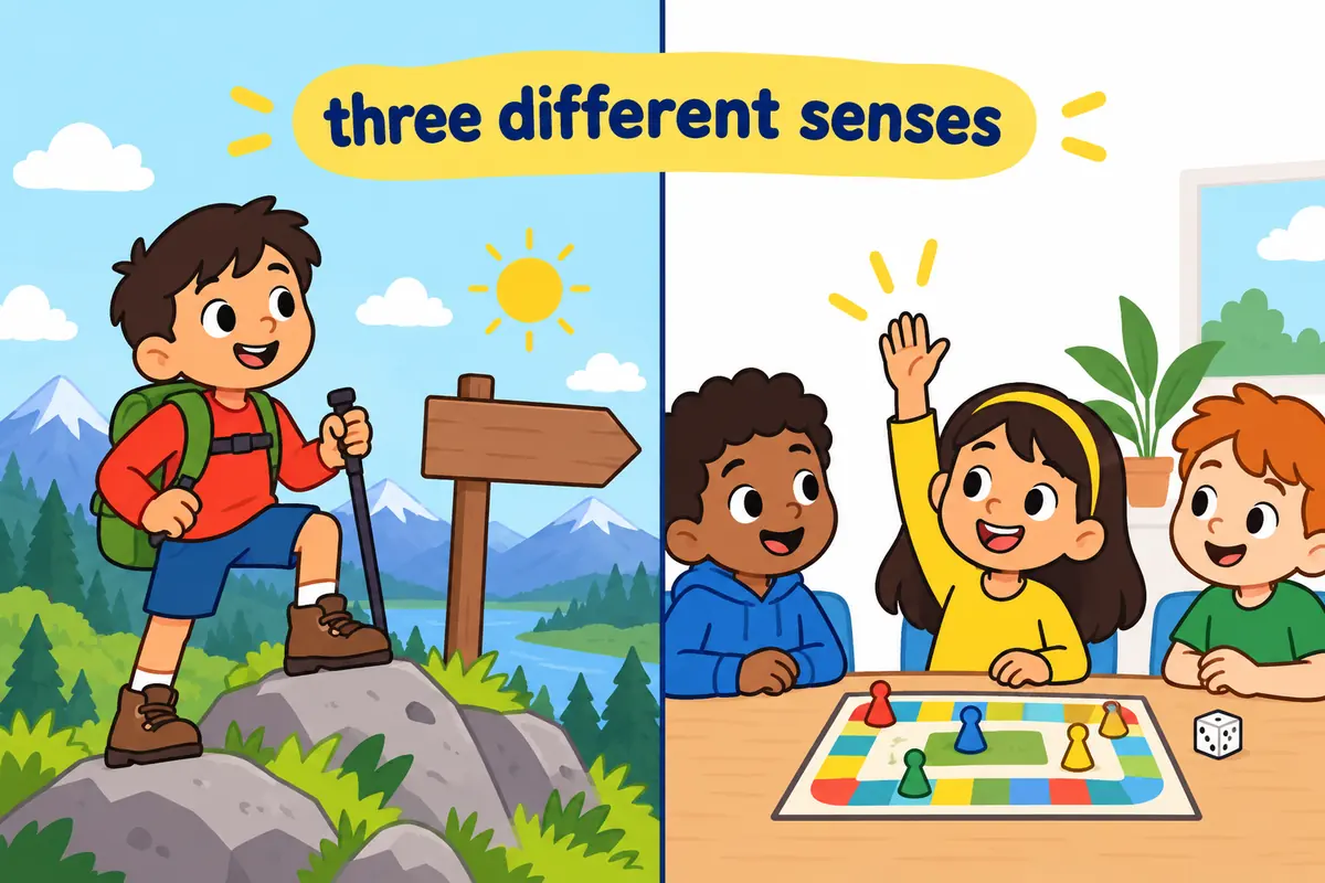 A split cartoon scene contrasts a hiker reaching a hilltop sign on one side with a child raising a hand eagerly to take a turn on the other.