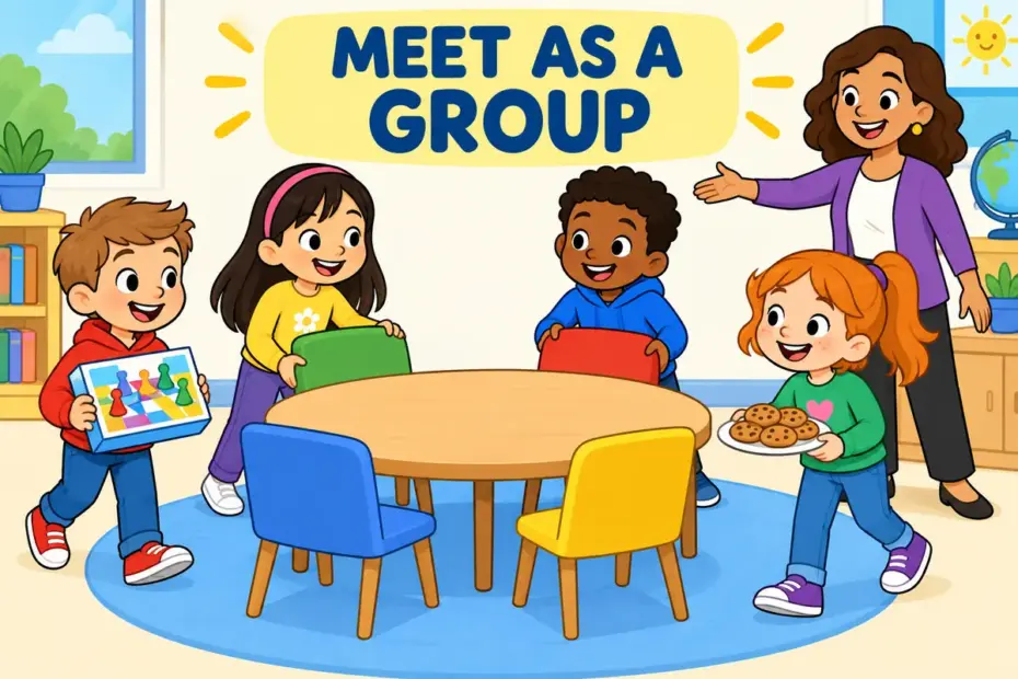 Cartoon classmates gather around a table, showing get together in a sentence as a group meeting.