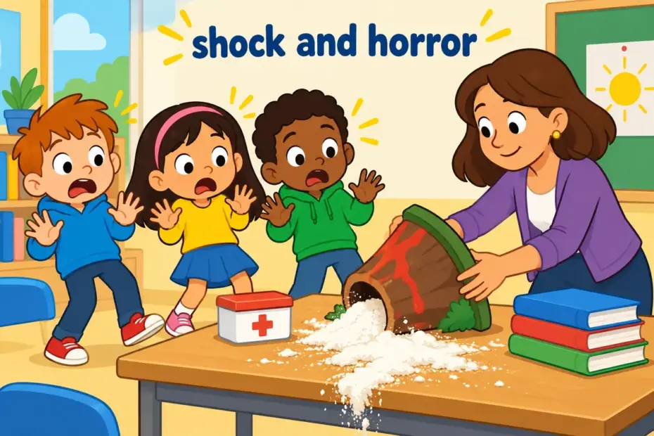 Cartoon children recoil from a collapsed model volcano, illustrating ghastly in a sentence as shock and horror.
