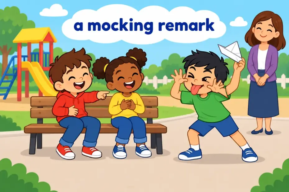Cartoon children trade light gibes on a playground bench, showing gibe in a sentence as a mocking remark.
