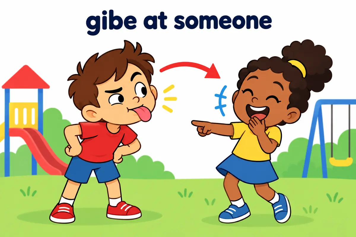 Two cartoon children trade light gibes across a playground bench, one miming a funny face while the other laughs.