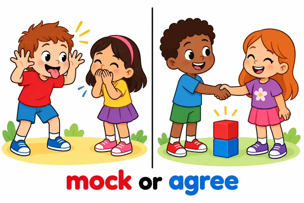 A cartoon split scene contrasts a child gently mocking a friend with two children shaking hands in agreement.