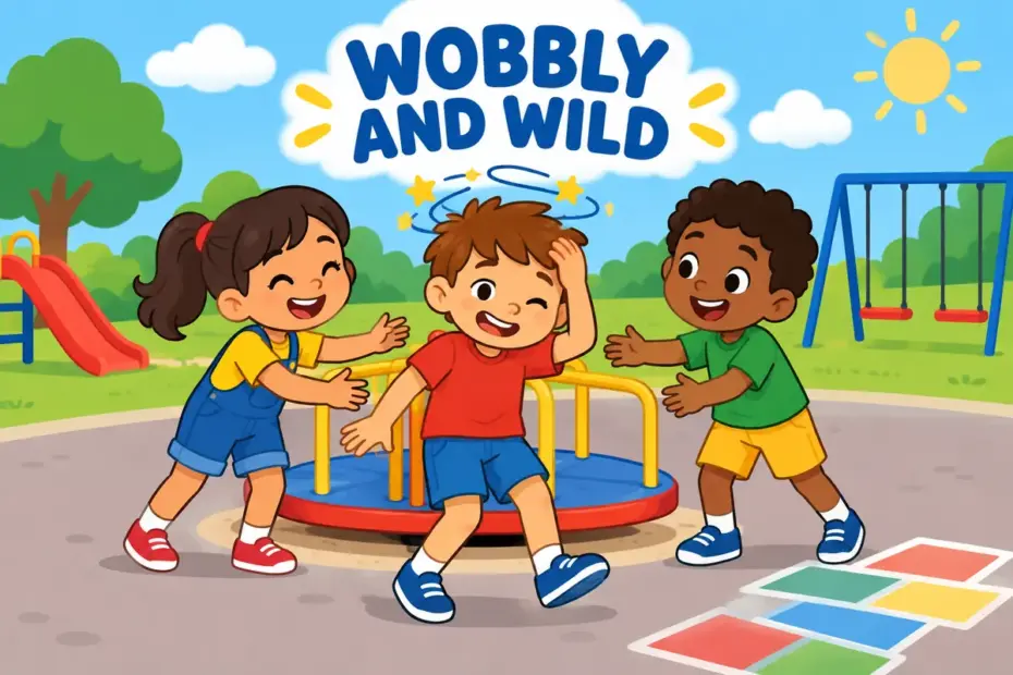 A cartoon child steps off a playground roundabout holding their head while friends grin, showing giddy in a sentence as dizziness.