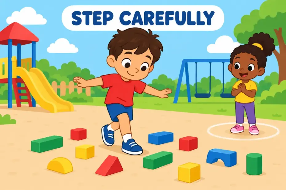 Cartoon child steps carefully between scattered toy blocks, showing gingerly in a sentence as moving with delicate care.
