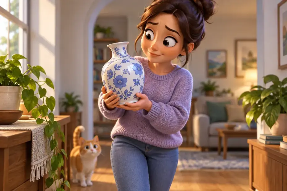 A person gingerly carries a fragile vase with both hands.
