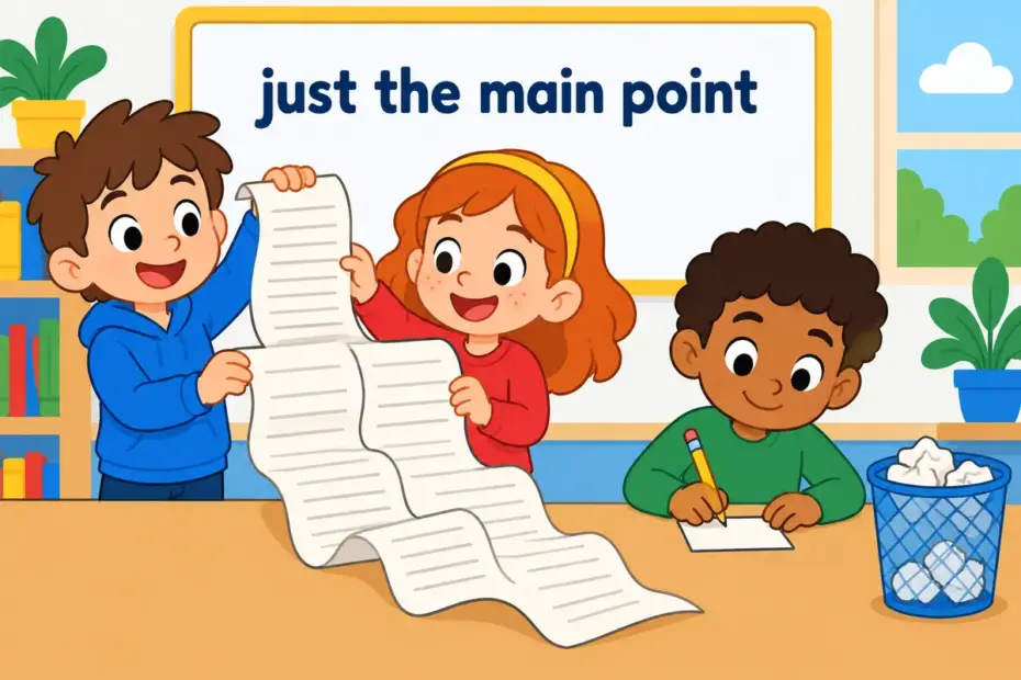 Cartoon pupils open a long letter together and reduce it to one short line, showing gist in a sentence as the main point.