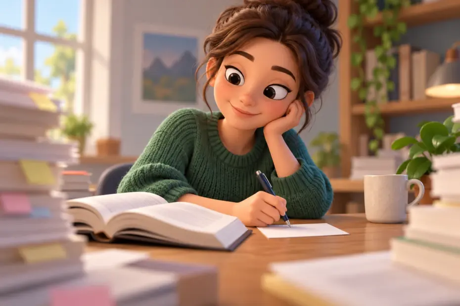 A reader looks over a few key notes beside an open book to capture the main idea.
