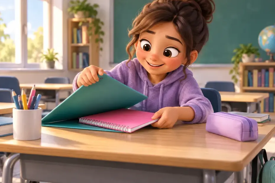 A student smiles with relief after finding a misplaced notebook.