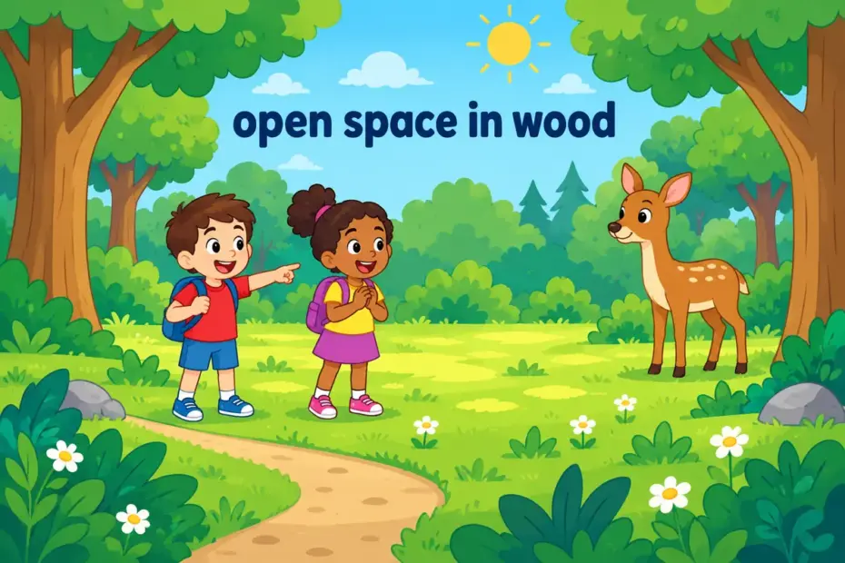 Cartoon animals and children gather in a sunny grassy glade ringed by tall trees, showing glade in a sentence as a woodland clearing.