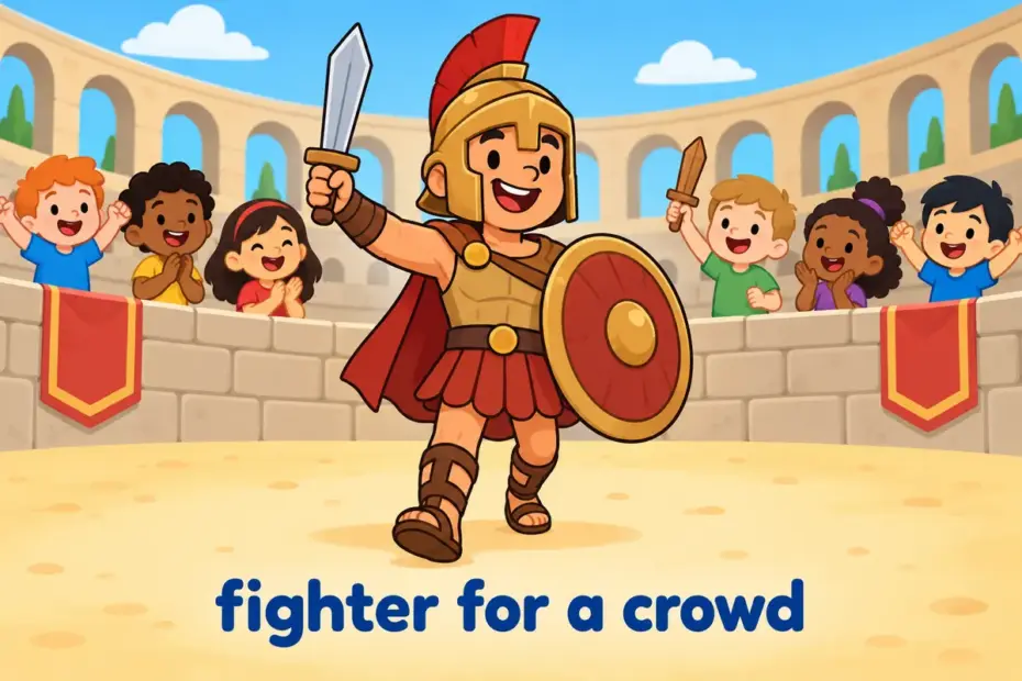 Cartoon pupils watch a gladiator in a sentence step into a sandy arena ring as a crowd cheers.