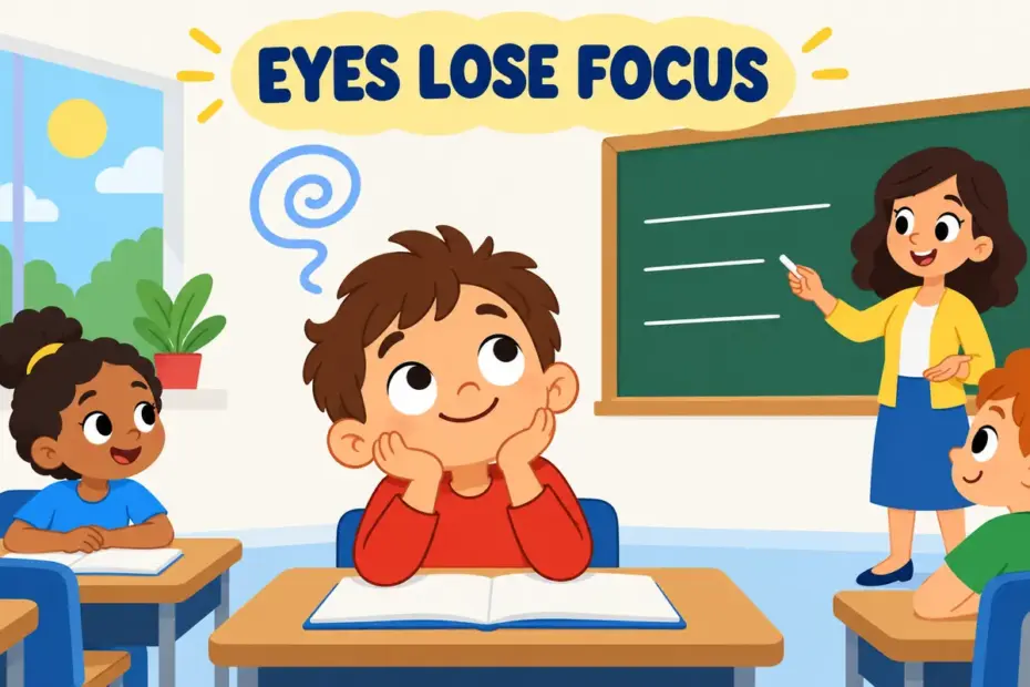 A cartoon pupil stares blankly at a blackboard during a long lesson, showing glaze over in a sentence as eyes losing focus.