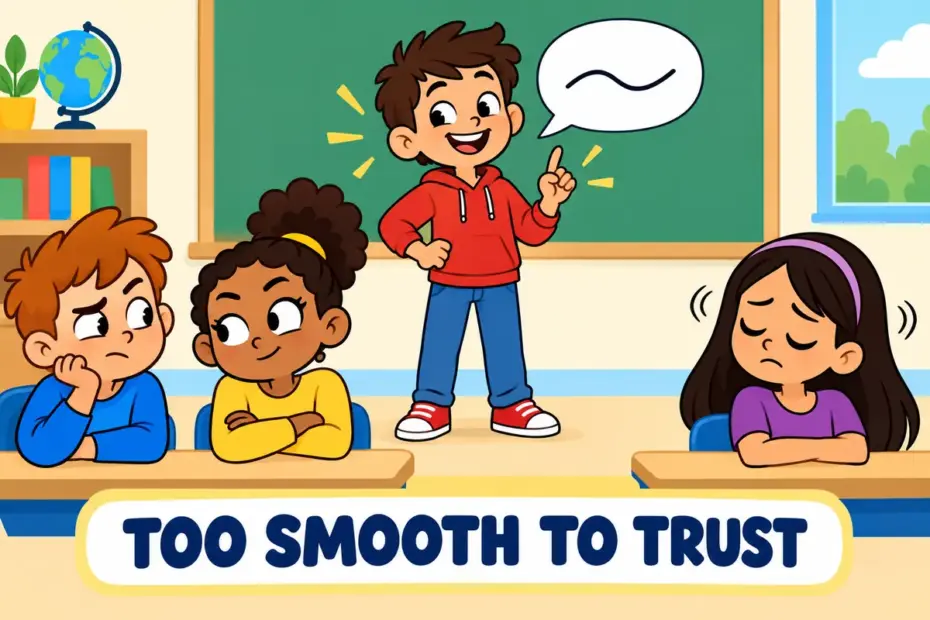 A cartoon speaker gives a smooth quick answer while two listeners exchange doubtful looks, showing glib in a sentence as insincere fluency.