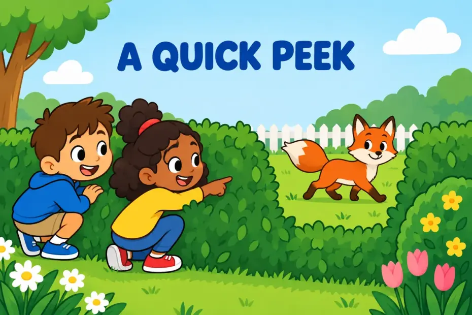 Cartoon children crouch by a garden hedge and catch a quick glimpse of a fox, illustrating glimpse in a sentence as a brief partial sight.