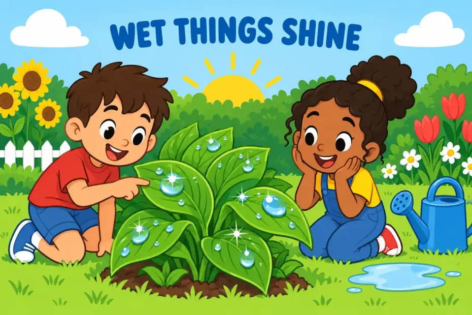 Cartoon children kneel by rain-wet leaves sparkling in the sun, showing glisten in a sentence as light on a wet surface.