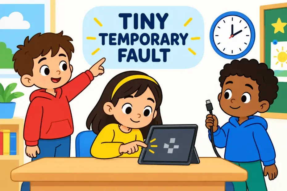 A cartoon child taps a frozen tablet beside a clock, showing glitch in a sentence as a sudden temporary fault.
