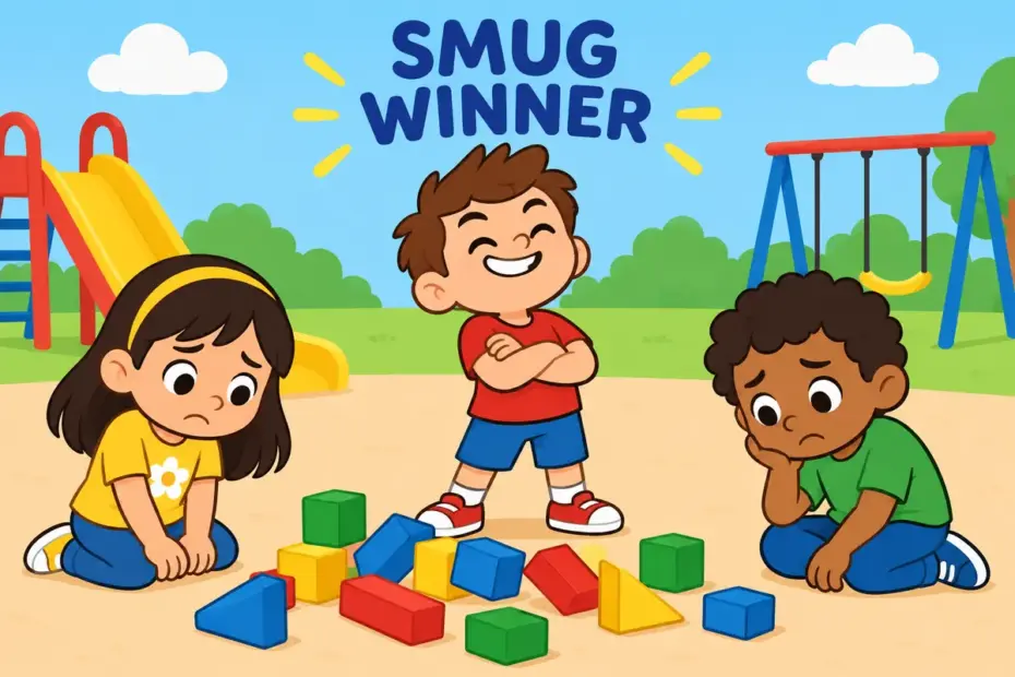 A cartoon child grins with folded arms over a fallen tower of blocks, showing gloat in a sentence as smug triumph.