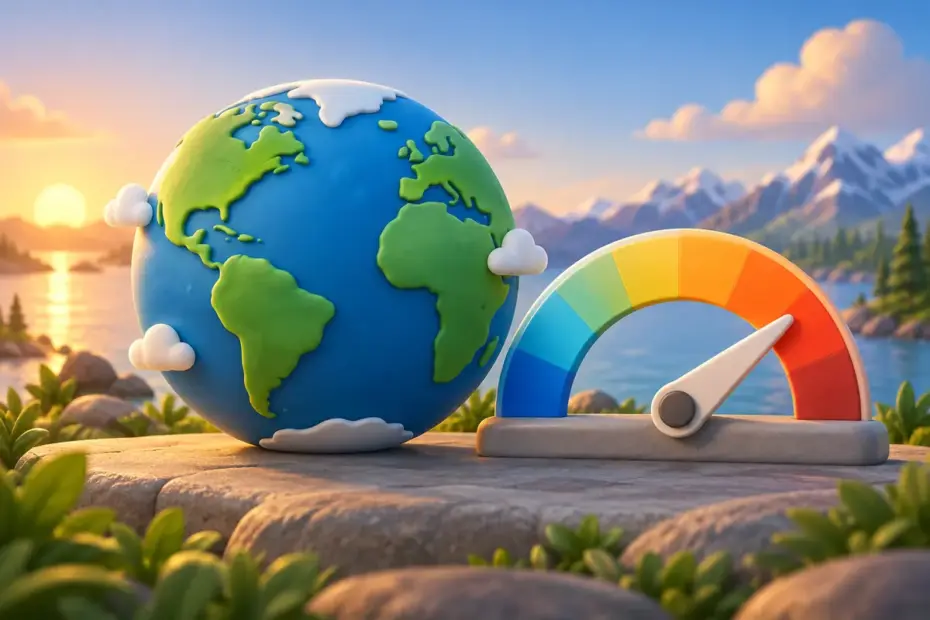 A model Earth beside a temperature illustration.