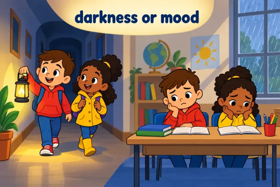Cartoon children stand in a dim hallway and a classroom with drooping shoulders, showing gloom in a sentence.