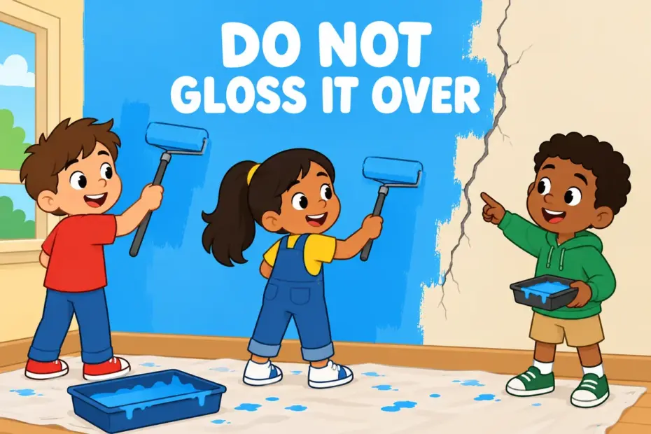 Cartoon pupils paint over a crack in a class wall, showing gloss over in a sentence as hiding a problem.