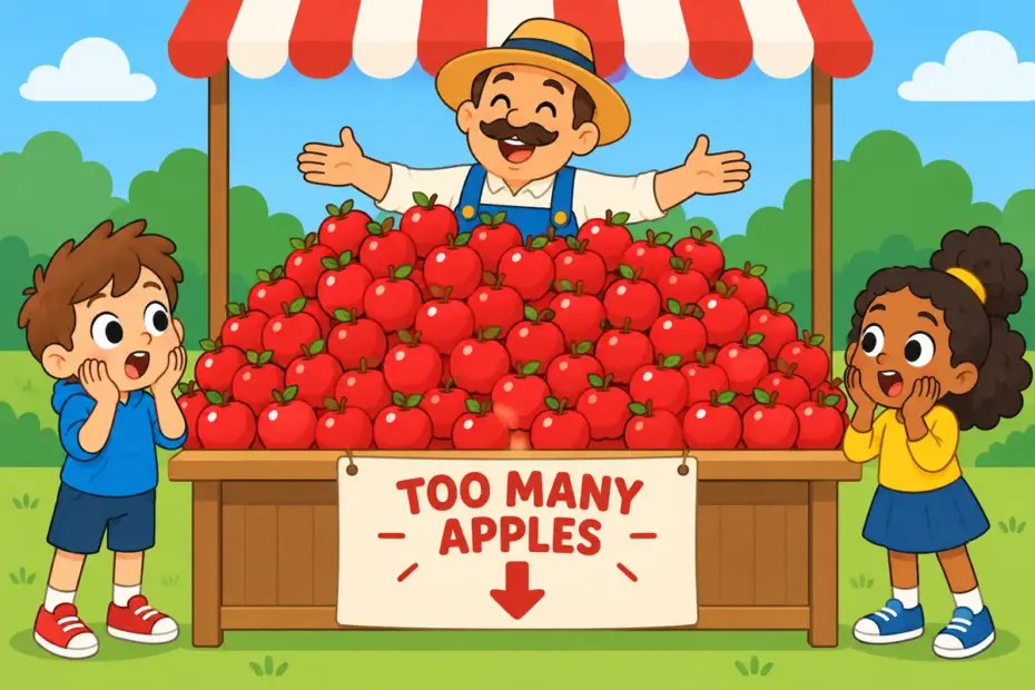 Cartoon stallholder piles apples too high as children watch, illustrating glut in a sentence as a market oversupply.