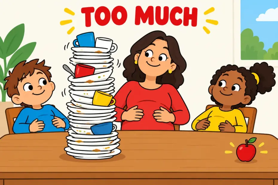 Cartoon children look at an enormous stack of empty plates, showing gluttony in a sentence as eating to excess.