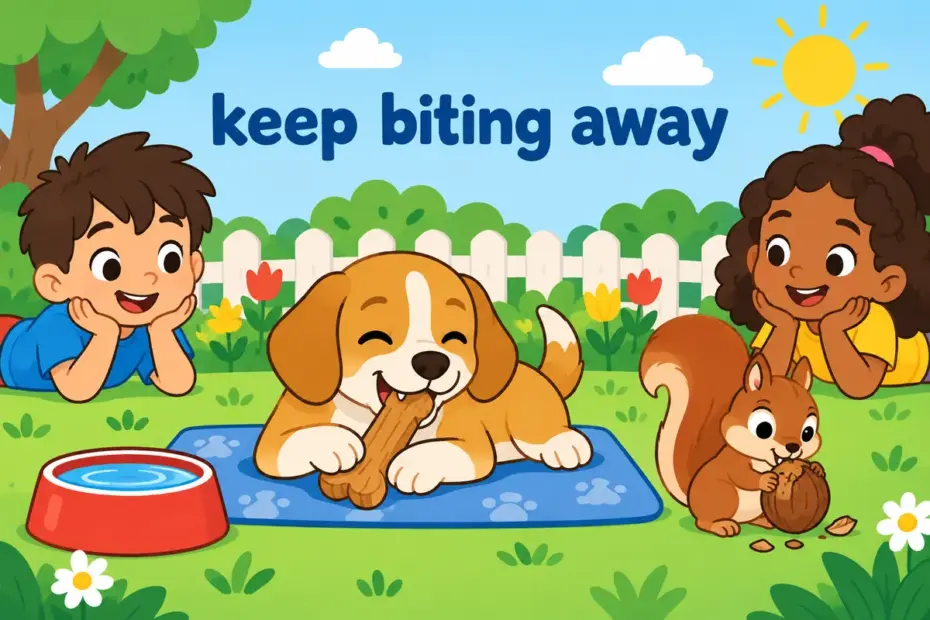 Cartoon dog chews a wooden toy while a small rodent works at a nut, illustrating gnaw in a sentence.