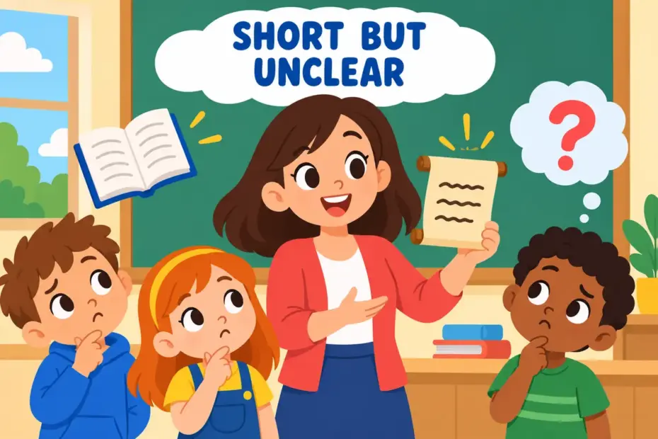 Cartoon children puzzle over a mysterious note held by an adult, showing gnomic in a sentence as a short saying that stays obscure.