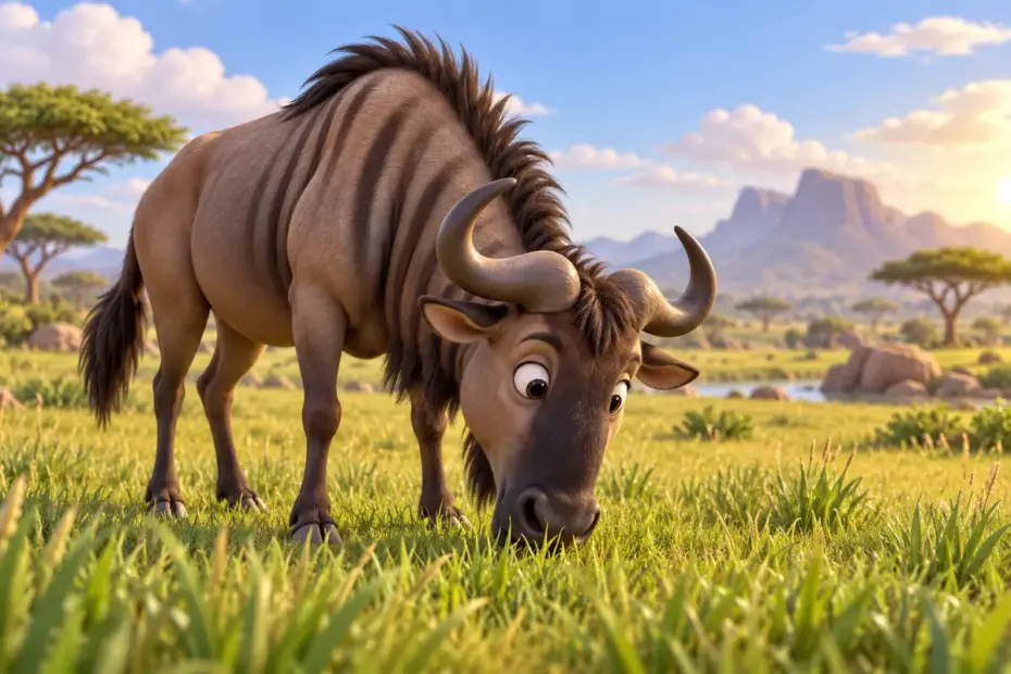 A wildebeest grazes on open grassland.