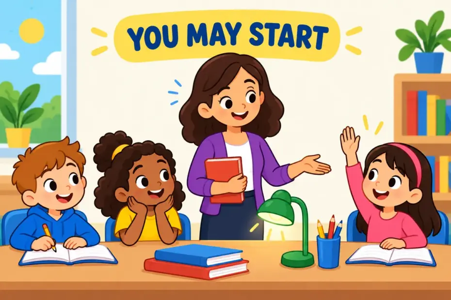 A cartoon teacher nods as a girl raises her hand, showing go ahead in a sentence as a green light to begin.